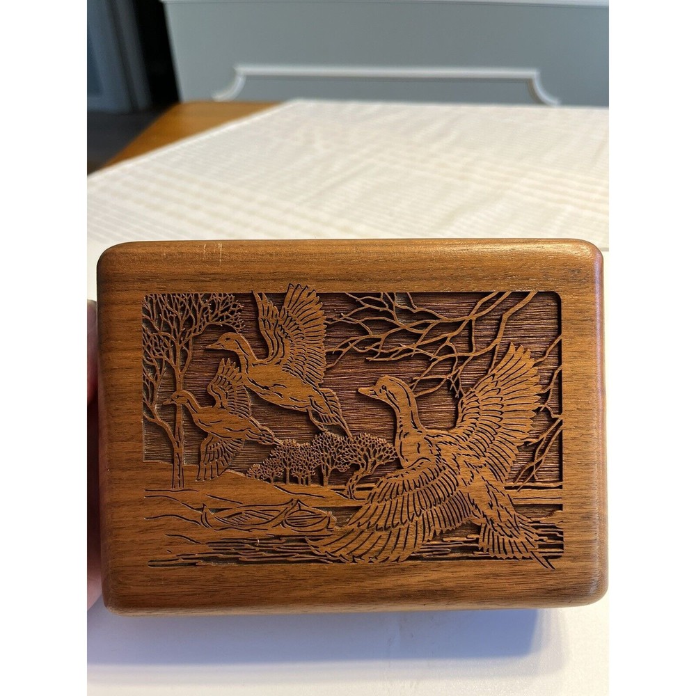 Vtg Wood Jewelry Box Lasercraft USA Laser Engraved Etched Flying Geese Landscape